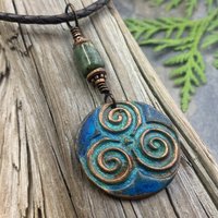 Triskele Copper Pendant, Triskelion, Connemara Marble, Triple Spiral, Irish Celtic Jewelry, Verdigris Patina, Blue Green Copper, Pagan Witch