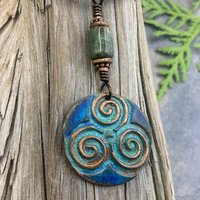 Triskele Copper Pendant, Triskelion, Connemara Marble, Triple Spiral, Irish Celtic Jewelry, Verdigris Patina, Blue Green Copper, Pagan Witch