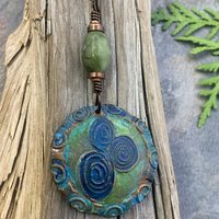 Newgrange Spirals, Copper Pendant, Connemara Marble, Triple Spiral, Irish Celtic Jewelry, Verdigris Patina, Blue Green Copper, Pagan Witch