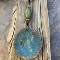 Newgrange Spirals, Copper Pendant, Connemara Marble, Triple Spiral, Irish Celtic Jewelry, Verdigris Patina, Blue Green Copper, Pagan Witch