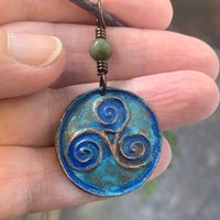 Triskele Pendant, Triskelion, Triple Spiral, Copper Patina, Irish Celtic Jewelry, Connemara Marble, Pagan Wicca, Triple Goddess Charm
