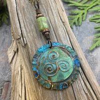 Triskele Copper Pendant, Triskelion, Connemara Marble, Triple Spiral, Irish Celtic Jewelry, Verdigris Patina, Blue Green Copper, Pagan Witch