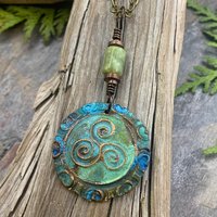 Triskele Copper Pendant, Triskelion, Connemara Marble, Triple Spiral, Irish Celtic Jewelry, Verdigris Patina, Blue Green Copper, Pagan Witch