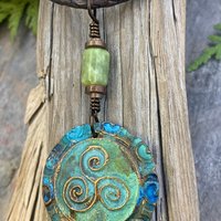Triskele Copper Pendant, Triskelion, Connemara Marble, Triple Spiral, Irish Celtic Jewelry, Verdigris Patina, Blue Green Copper, Pagan Witch