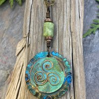 Triskele Copper Pendant, Triskelion, Connemara Marble, Triple Spiral, Irish Celtic Jewelry, Verdigris Patina, Blue Green Copper, Pagan Witch
