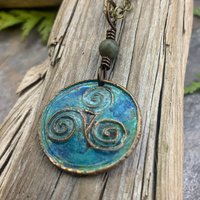 Triskele Pendant, Triskelion, Triple Spiral, Copper Patina, Irish Celtic Jewelry, Connemara Marble, Pagan Wicca, Triple Goddess Charm