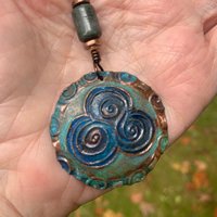 Newgrange Spirals, Copper Pendant, Connemara Marble, Triple Spiral, Irish Celtic Jewelry, Verdigris Patina, Blue Green Copper, Pagan Witch