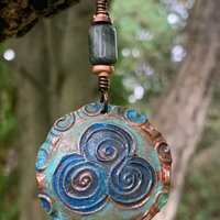 Newgrange Spirals, Copper Pendant, Connemara Marble, Triple Spiral, Irish Celtic Jewelry, Verdigris Patina, Blue Green Copper, Pagan Witch