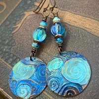Copper Spiral Earrings, Verdigris Patina, Disc Earrings, Copper and Turquoise, Czech Glass Beads, Wire Wrapped, Irish Celtic Jewelry, Pagan
