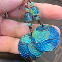 Copper Spiral Earrings, Verdigris Patina, Disc Earrings, Copper and Turquoise, Czech Glass Beads, Wire Wrapped, Irish Celtic Jewelry, Pagan