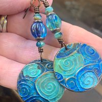 Copper Spiral Earrings, Verdigris Patina, Disc Earrings, Copper and Turquoise, Czech Glass Beads, Wire Wrapped, Irish Celtic Jewelry, Pagan