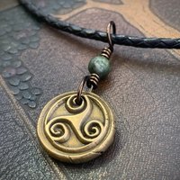 Triskele Bronze Necklace, Connemara Marble, Wax Seal Charm, Irish Celtic Symbols, Triple Spiral, Triskelion, Pagan Jewelry, 8th Anniversary