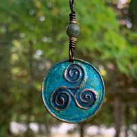 Triskele Pendant, Triskelion, Triple Spiral, Copper Patina, Irish Celtic Jewelry, Connemara Marble, Pagan Wicca, Triple Goddess Charm