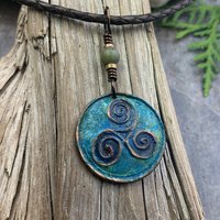 Triskele Pendant, Triskelion, Triple Spiral, Copper Patina, Irish Celtic Jewelry, Connemara Marble, Pagan Wicca, Triple Goddess Charm