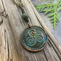 Triskele Pendant, Triskelion, Triple Spiral, Copper Patina, Irish Celtic Jewelry, Connemara Marble, Pagan Wicca, Triple Goddess Charm