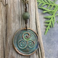 Triskele Pendant, Triskelion, Triple Spiral, Copper Patina, Irish Celtic Jewelry, Connemara Marble, Pagan Wicca, Triple Goddess Charm
