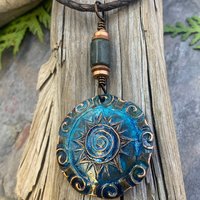 Celtic Sun Spiral Necklace, Copper Sun Charm, Irish Celtic Spirals, Connemara Marble, Hand Carved, Verdigris Patina, Handmade Art Jewelry