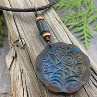 Celtic Sun Spiral Necklace, Copper Sun Charm, Irish Celtic Spirals, Connemara Marble, Hand Carved, Verdigris Patina, Handmade Art Jewelry