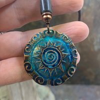 Celtic Sun Spiral Necklace, Copper Sun Charm, Irish Celtic Spirals, Connemara Marble, Hand Carved, Verdigris Patina, Handmade Art Jewelry