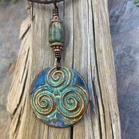 Triskele Copper Pendant, Triskelion, Connemara Marble, Triple Spiral, Irish Celtic Jewelry, Verdigris Patina, Blue Green Copper, Pagan Witch