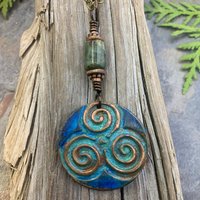 Triskele Copper Pendant, Triskelion, Connemara Marble, Triple Spiral, Irish Celtic Jewelry, Verdigris Patina, Blue Green Copper, Pagan Witch