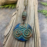 Triskele Copper Pendant, Triskelion, Connemara Marble, Triple Spiral, Irish Celtic Jewelry, Verdigris Patina, Blue Green Copper, Pagan Witch
