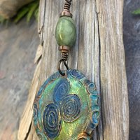 Newgrange Spirals, Copper Pendant, Connemara Marble, Triple Spiral, Irish Celtic Jewelry, Verdigris Patina, Blue Green Copper, Pagan Witch
