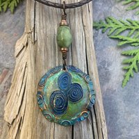 Newgrange Spirals, Copper Pendant, Connemara Marble, Triple Spiral, Irish Celtic Jewelry, Verdigris Patina, Blue Green Copper, Pagan Witch