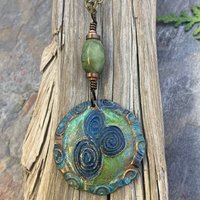 Newgrange Spirals, Copper Pendant, Connemara Marble, Triple Spiral, Irish Celtic Jewelry, Verdigris Patina, Blue Green Copper, Pagan Witch