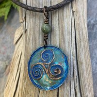 Triskele Pendant, Triskelion, Triple Spiral, Copper Patina, Irish Celtic Jewelry, Connemara Marble, Pagan Wicca, Triple Goddess Charm