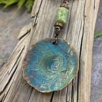 Triskele Copper Pendant, Triskelion, Connemara Marble, Triple Spiral, Irish Celtic Jewelry, Verdigris Patina, Blue Green Copper, Pagan Witch