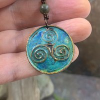 Triskele Pendant, Triskelion, Triple Spiral, Copper Patina, Irish Celtic Jewelry, Connemara Marble, Pagan Wicca, Triple Goddess Charm