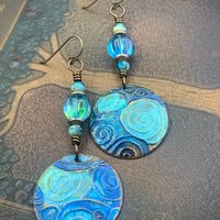 Copper Spiral Earrings, Verdigris Patina, Disc Earrings, Copper and Turquoise, Czech Glass Beads, Wire Wrapped, Irish Celtic Jewelry, Pagan