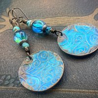 Copper Spiral Earrings, Verdigris Patina, Disc Earrings, Copper and Turquoise, Czech Glass Beads, Wire Wrapped, Irish Celtic Jewelry, Pagan