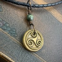 Triskele Bronze Necklace, Connemara Marble, Wax Seal Charm, Irish Celtic Symbols, Triple Spiral, Triskelion, Pagan Jewelry, 8th Anniversary