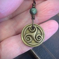 Triskele Bronze Necklace, Connemara Marble, Wax Seal Charm, Irish Celtic Symbols, Triple Spiral, Triskelion, Pagan Jewelry, 8th Anniversary