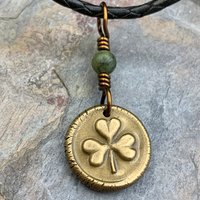 Shamrock Clover Charm, Bronze Wax Seal Charm, Connemara Marble, Irish Celtic, Trinity, Eco Recycled Metal, Leather & Vegan Cords, Handmade