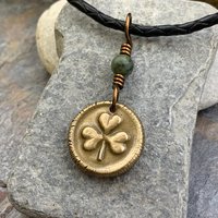 Shamrock Clover Charm, Bronze Wax Seal Charm, Connemara Marble, Irish Celtic, Trinity, Eco Recycled Metal, Leather & Vegan Cords, Handmade
