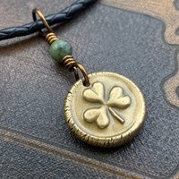 Shamrock Clover Charm, Bronze Wax Seal Charm, Connemara Marble, Irish Celtic, Trinity, Eco Recycled Metal, Leather & Vegan Cords, Handmade