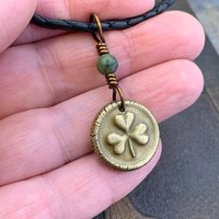 Shamrock Clover Charm, Bronze Wax Seal Charm, Connemara Marble, Irish Celtic, Trinity, Eco Recycled Metal, Leather & Vegan Cords, Handmade