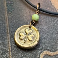 Shamrock Clover Charm, Bronze Wax Seal Charm, Connemara Marble, Irish Celtic, Trinity, Eco Recycled Metal, Leather & Vegan Cords, Handmade
