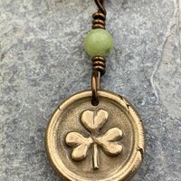 Shamrock Clover Charm, Bronze Wax Seal Charm, Connemara Marble, Irish Celtic, Trinity, Eco Recycled Metal, Leather & Vegan Cords, Handmade