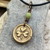 Shamrock Clover Charm, Bronze Wax Seal Charm, Connemara Marble, Irish Celtic, Trinity, Eco Recycled Metal, Leather & Vegan Cords, Handmade