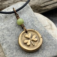 Shamrock Clover Charm, Bronze Wax Seal Charm, Connemara Marble, Irish Celtic, Trinity, Eco Recycled Metal, Leather & Vegan Cords, Handmade