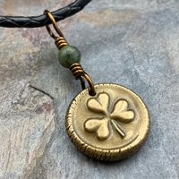 Shamrock Clover Charm, Bronze Wax Seal Charm, Connemara Marble, Irish Celtic, Trinity, Eco Recycled Metal, Leather & Vegan Cords, Handmade