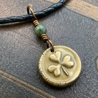 Shamrock Clover Charm, Bronze Wax Seal Charm, Connemara Marble, Irish Celtic, Trinity, Eco Recycled Metal, Leather & Vegan Cords, Handmade