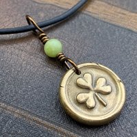 Shamrock Clover Charm, Bronze Wax Seal Charm, Connemara Marble, Irish Celtic, Trinity, Eco Recycled Metal, Leather & Vegan Cords, Handmade