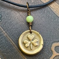 Shamrock Clover Charm, Bronze Wax Seal Charm, Connemara Marble, Irish Celtic, Trinity, Eco Recycled Metal, Leather & Vegan Cords, Handmade