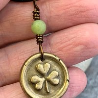 Shamrock Clover Charm, Bronze Wax Seal Charm, Connemara Marble, Irish Celtic, Trinity, Eco Recycled Metal, Leather & Vegan Cords, Handmade