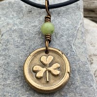 Shamrock Clover Charm, Bronze Wax Seal Charm, Connemara Marble, Irish Celtic, Trinity, Eco Recycled Metal, Leather & Vegan Cords, Handmade